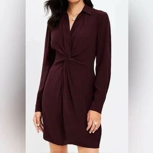 NWT Loft Twist Front Long Sleeve Shirt Dress Chocolate Brown Women’s Size 4